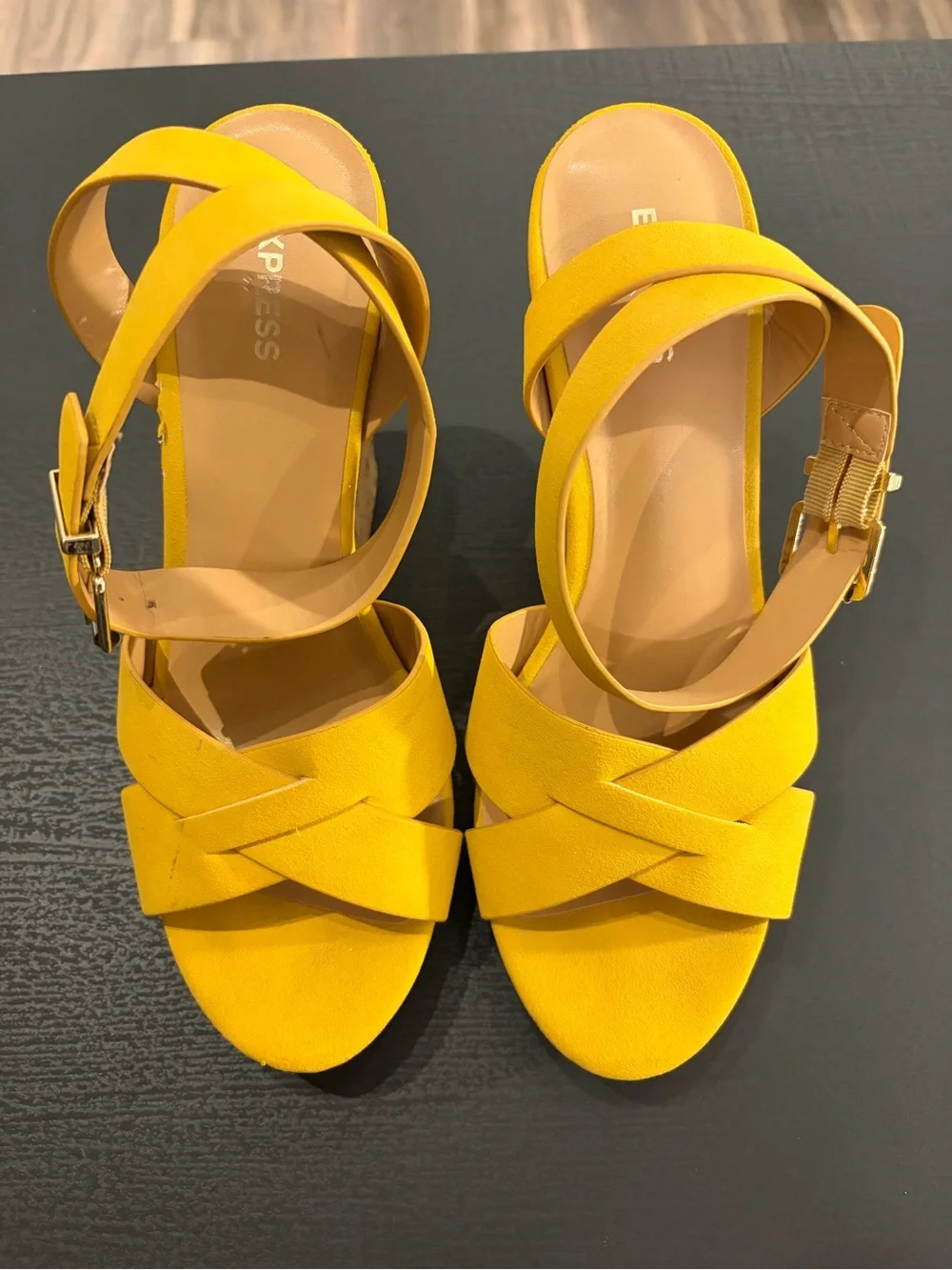 H&M Yellow Cork Wedge Sandals with Ankle Buckle